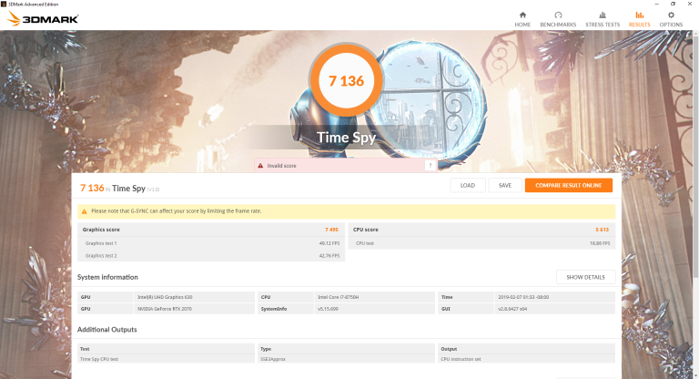 3DMark Time Spy benchmark test results - ROG GL704GW STRIX SCAR II