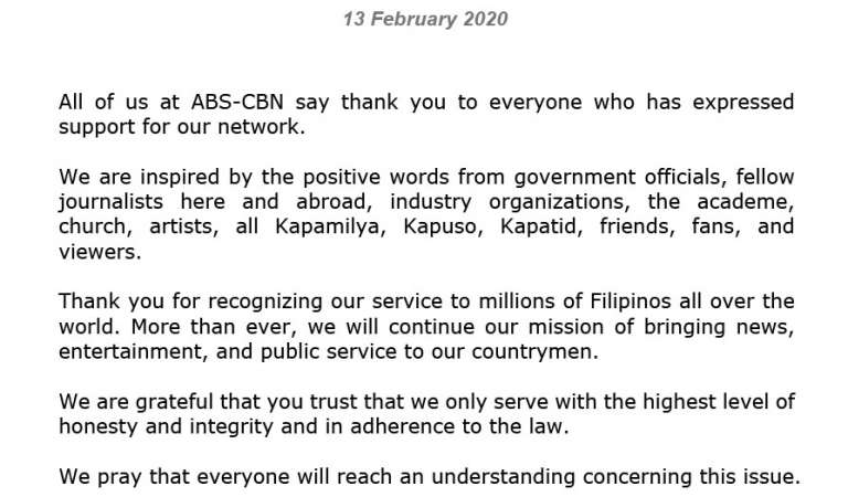 ABS-CBN issues official statement on franchise renewal