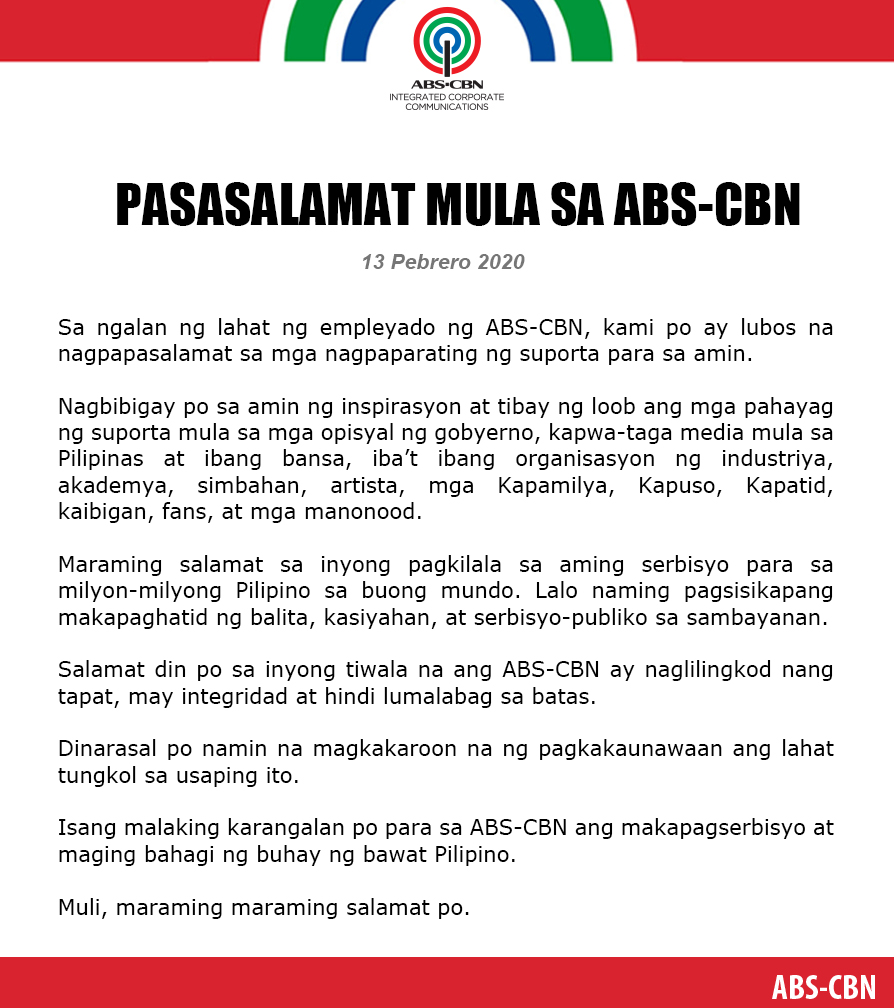 ABS-CBN franchise renewal press statement (Filipino)