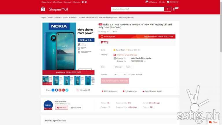 Nokia 3.4 product page on Shopee Philippines