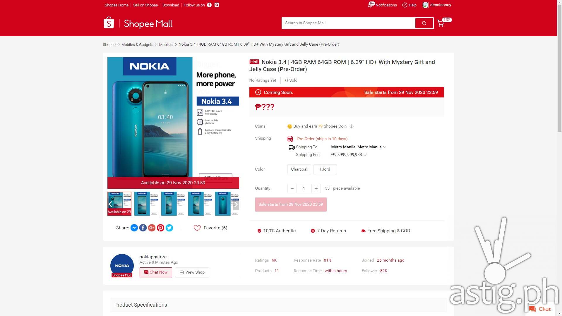 Nokia 3.4 product page on Shopee Philippines